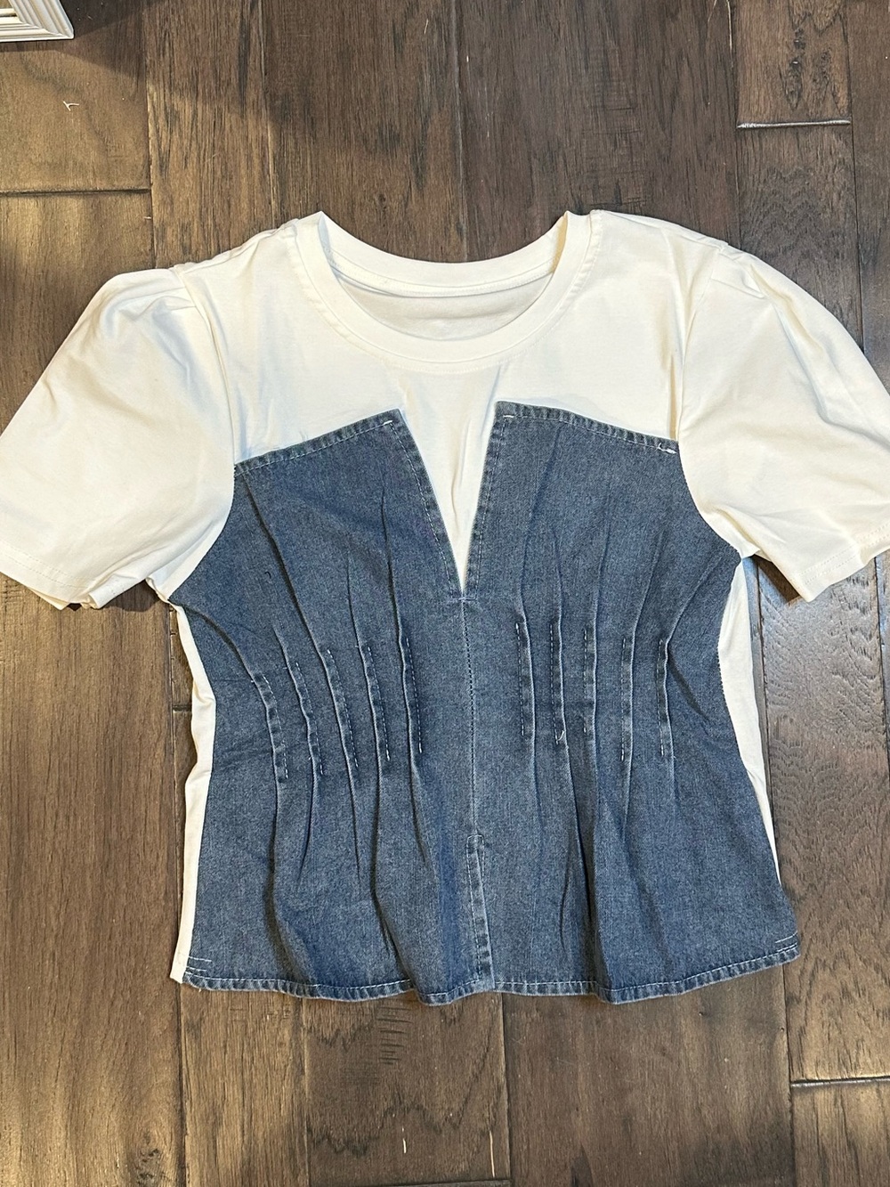 Women's White Tee with Denim Corset Detail size Small to Medium